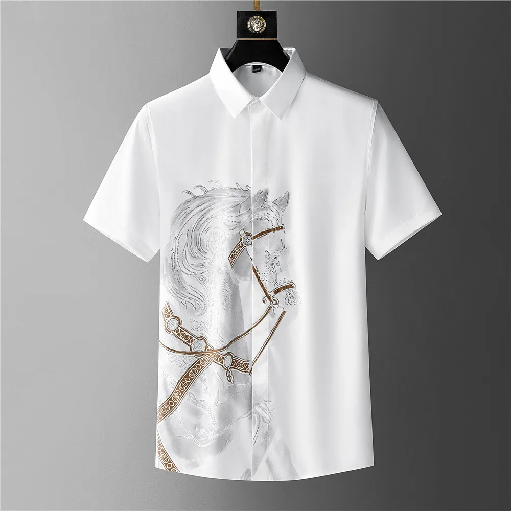 Rhinestones Shirts Mens Luxury Top Diamond Men's Shirt Long Mouw Slim Casual Shirt Black Animal Horse Social Camisa Hombre long sleeve shirt men casual shirt