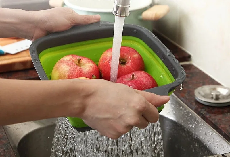 2pc Silicone Foldable Vegetable Basket Kitchen Drain Basket Plastic Vegetable Wash Basin Round Creative Vegetables