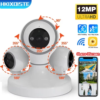 12MP Mini Indoor Smart Home Surveillance Wifi Wireless Network Security PTZ IP Three Lens Indoor Baby&Pet Home Security Camera