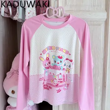 Japanese Kawaii Cute Long Sleeve T-shirt Vintage Cartoon Print O-neck Casual Top Streetwear All-match Y2k Aesthetic Tees 1