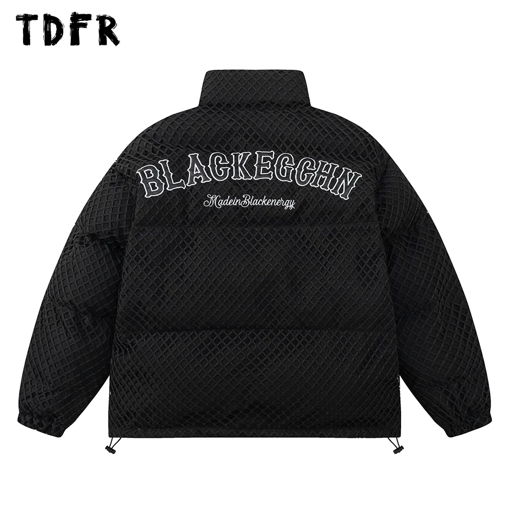 

Letter Embroidery Long Sleeve Mesh Padded Jacket Mens Stand Collar Drawstring Hem Casual Quilted Jacket Winter Thick Outerwear