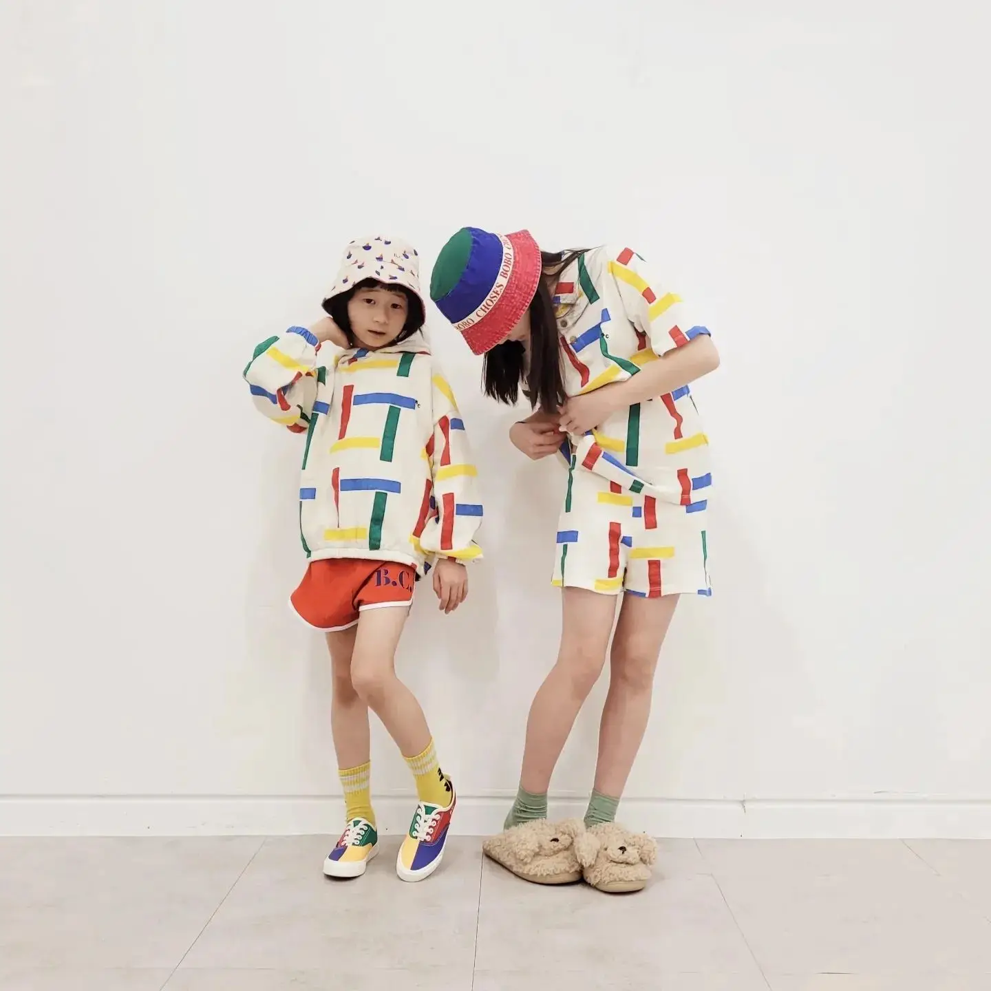 2023 BC Summer Girls' Korean Style Cute Contrast Square Polo Neck Waffle T-shirt Children's Set Children Clothing