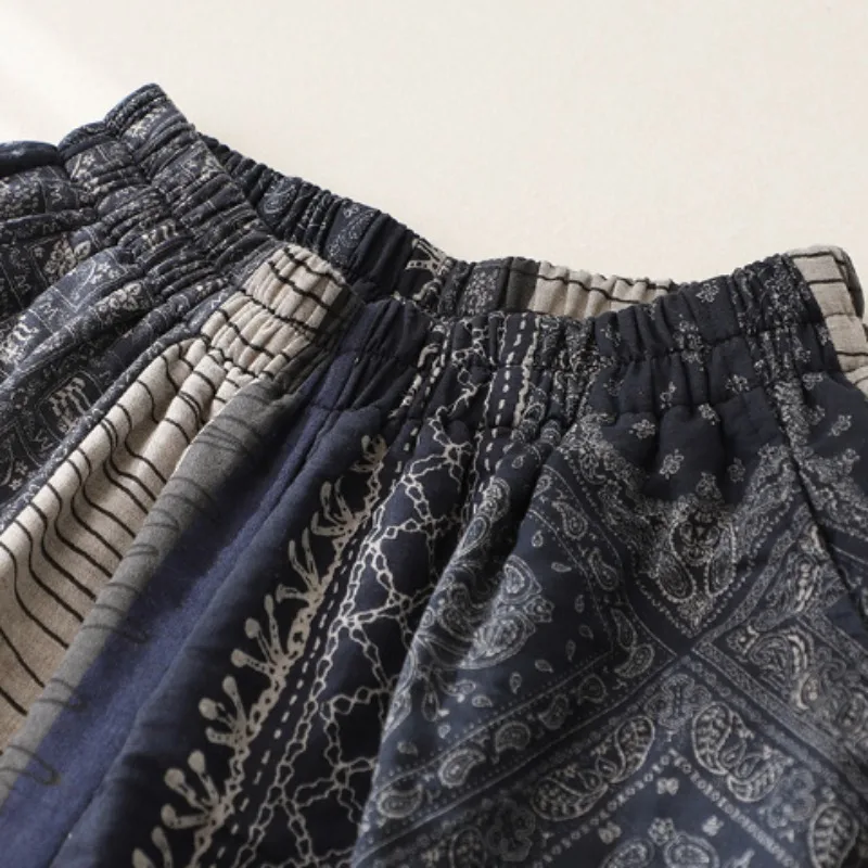 Women's 2024 Summer New Cotton Linen Elastic High Waist Retro Embroidery Printed Ethnic Style Loose Pocket Straight Harlan Pants