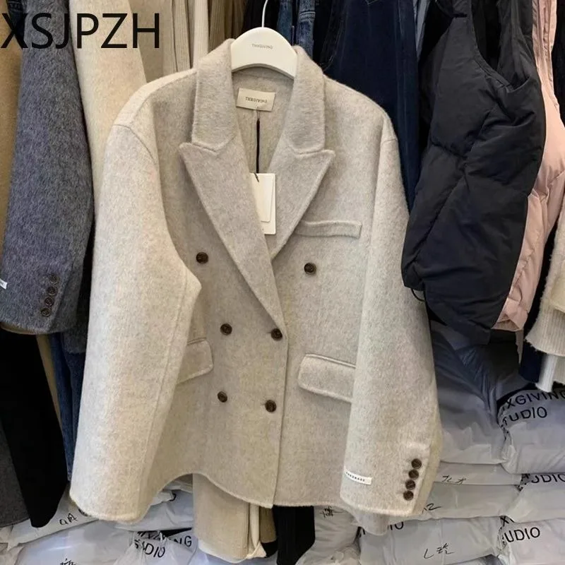 Long Sleeve Suit Collar Tops 2024 Autumn Double-breasted Female Jackets Lapel Loose Temperament Women Woolen Blazers Versatile