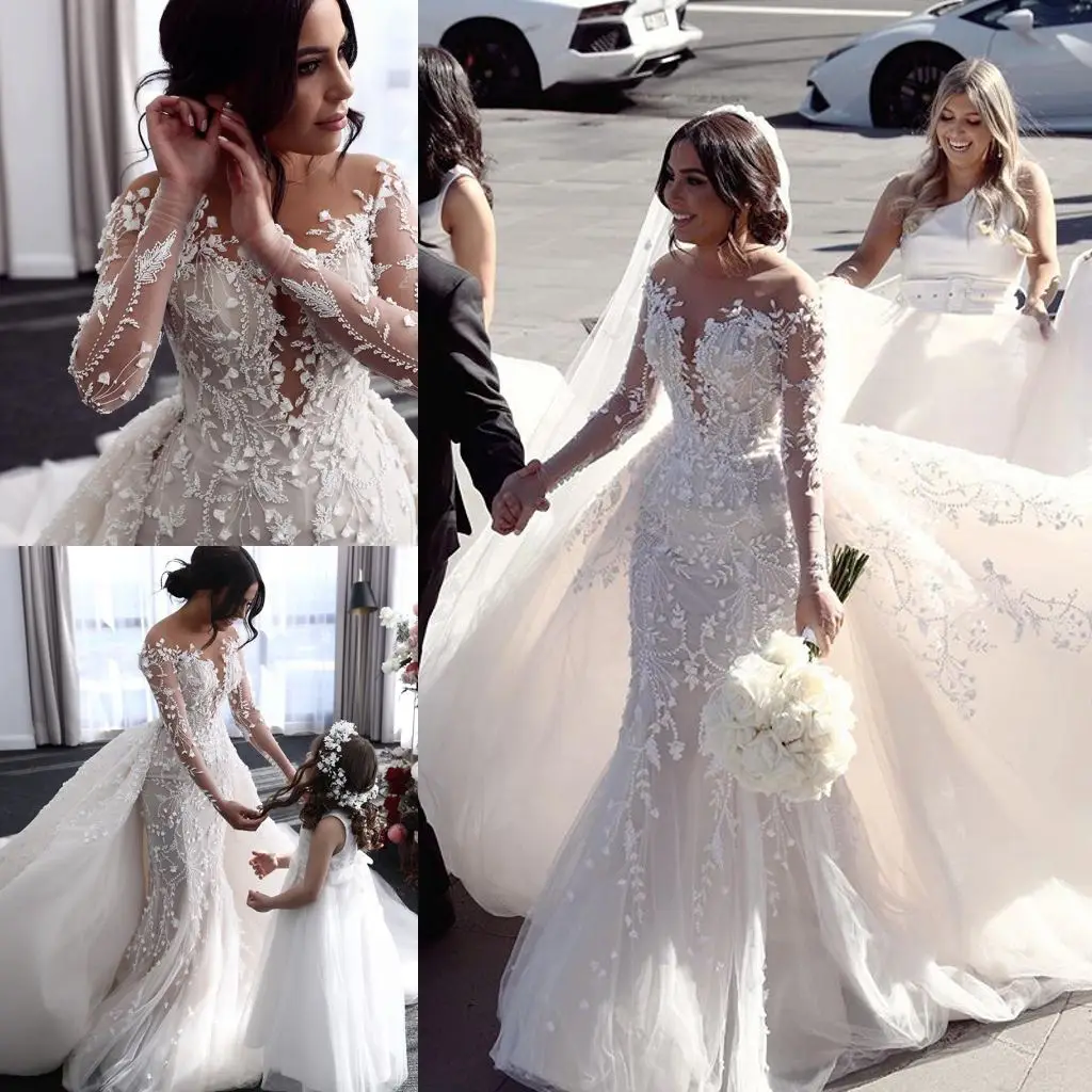 

Charming Lace Appliques Mermaid Wedding Dresses with DetachableTrain Illsion Long Sleeves Robe De Mariage 2023 Bridal Gowns