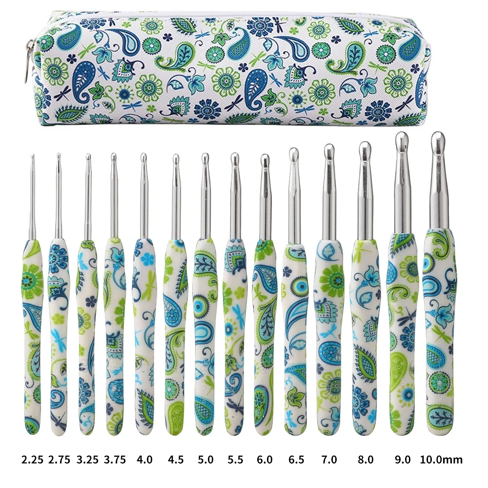 14Pcs 해바라기 크로 셰 뜨개질 후크 키트 알루미늄 인체 공학적 뜨개질 바늘 가방 캐슈 꽃 디자인 2.25-10.0MM 세트