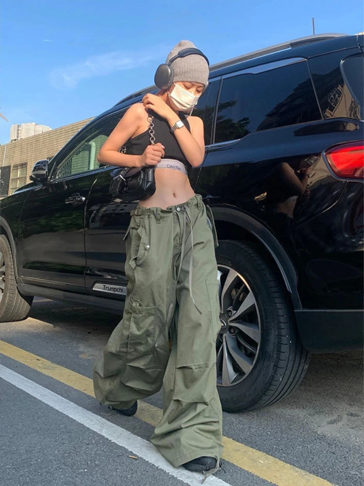 ADAgirl Green Women Cargo Pants Parachute Oversize Straight Leg Trousers Low Waist Sweatpants Casual Drawstring Side Pocket Alt