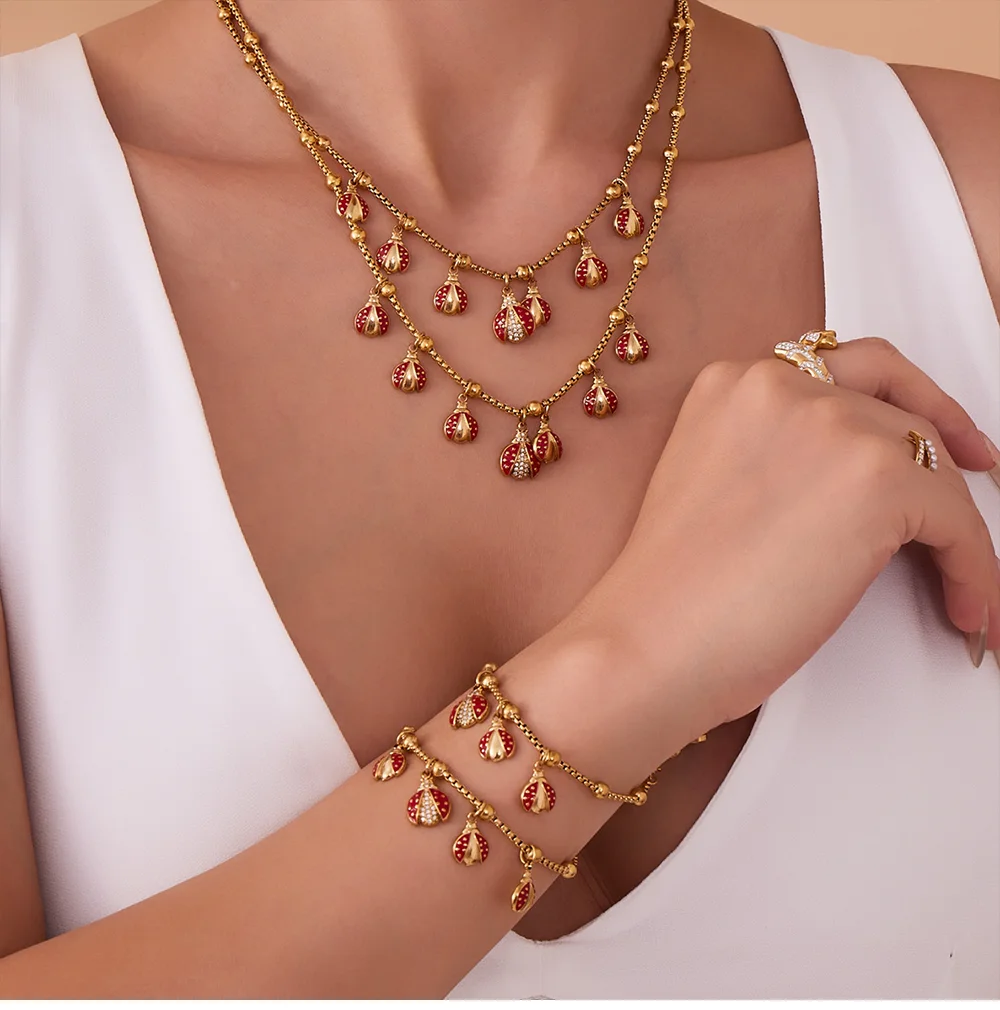 Modisches rotes Zirkon-5-Käfer-Anhänger-Halsketten-Armband-Set für Damen, 316 Edelstahl, vergoldet, Luxus-Schmuck-Accessoires – Detail 4
