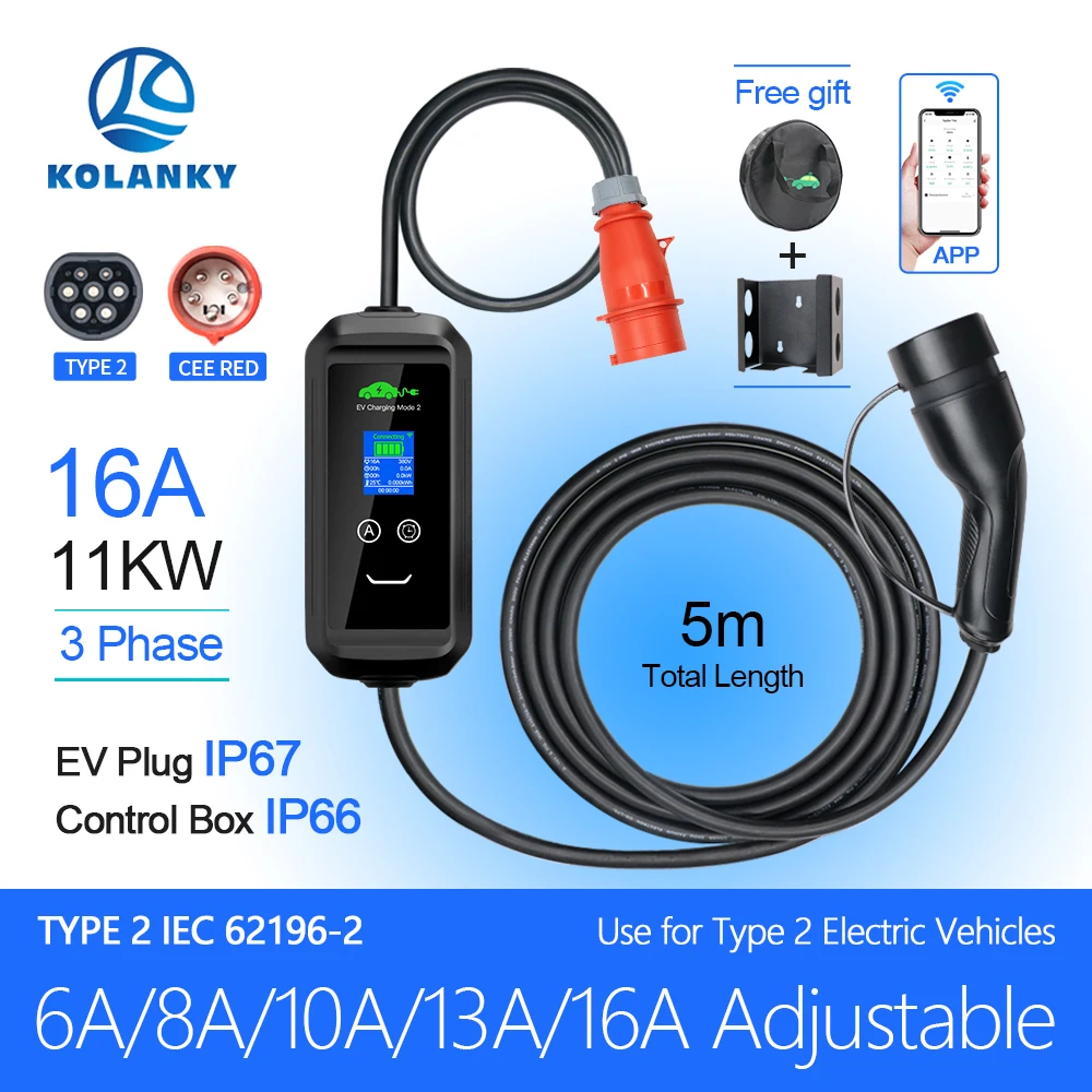 11KW 16A EV Portable Charger Type2 EVSE Charging Box Electric