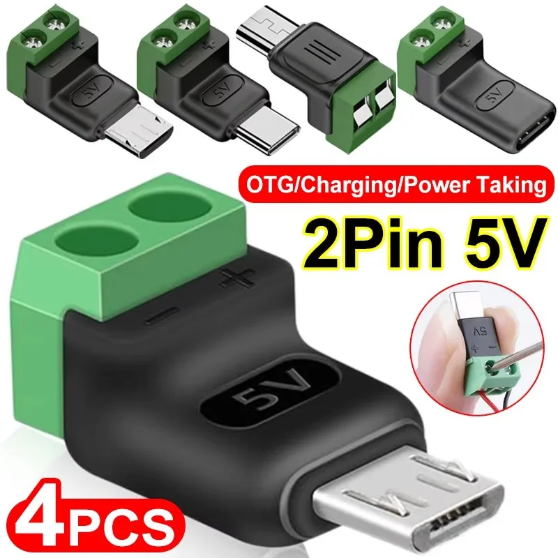 1-4개 무납땜 플러그 USB C-2핀 터미널 어댑터 나사 5V 크림프 터미널 블록 녹색 타입-C-2핀 충전 커넥터