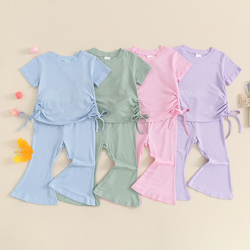 

Kids Baby Girls Ribbed 2Pcs Outfits Summer Short Sleeve Round Neck Side Drawstring Tops + Elastic Waist Flare Pants Toddler Set