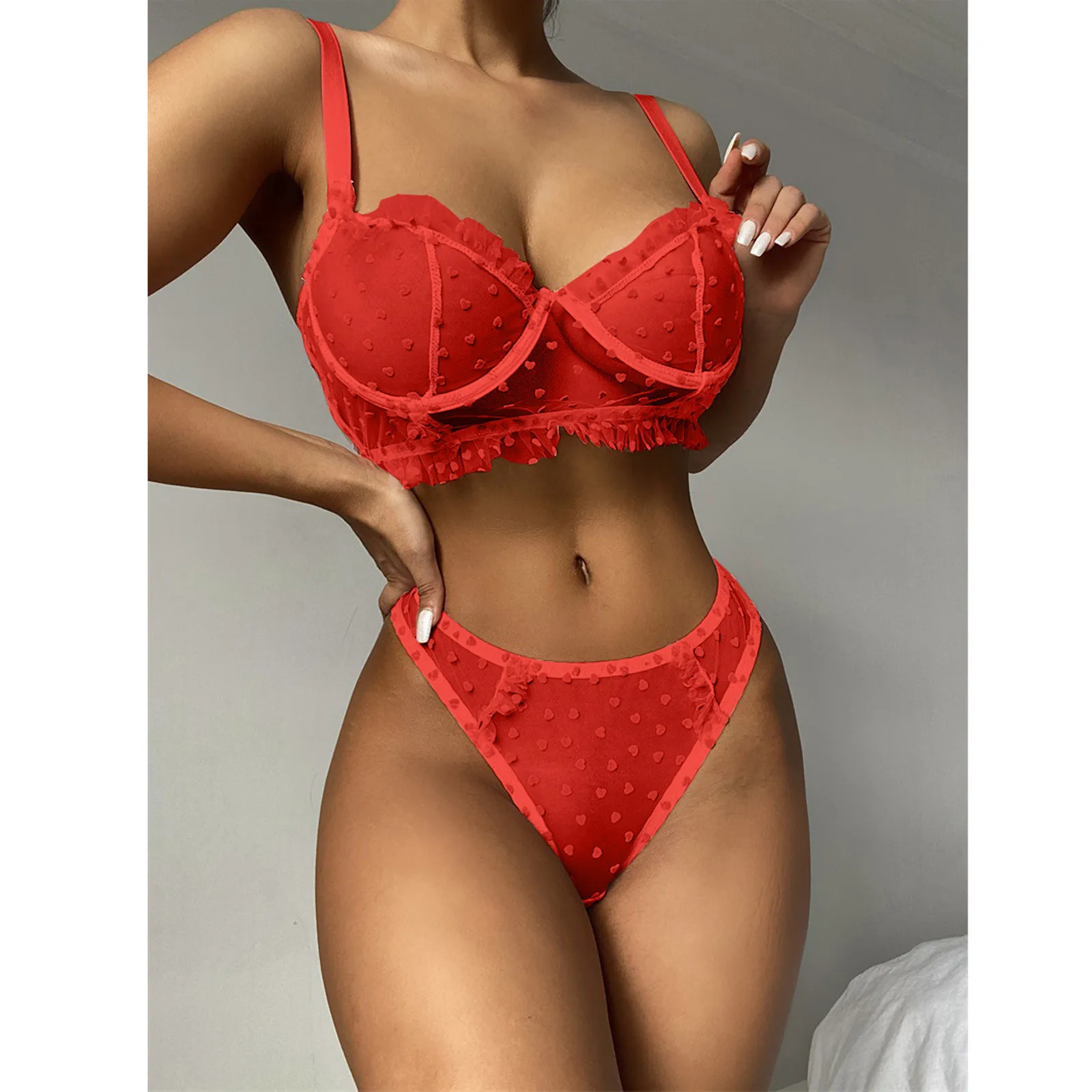 

Sexy Lace Heart Print Lingerie Sets Womens Solid Color Transparent Ruffled Bralette Underwear Mesh Sheer Sweet Thongs Bra Set