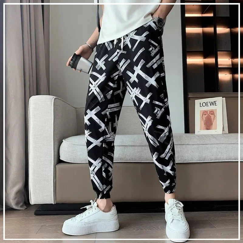 2024 New Summer Casual Loose Plus Oversize Fashion Trend High Waisted Printed Ice Silk Quick Drying Hooded Harlan Pants for Men