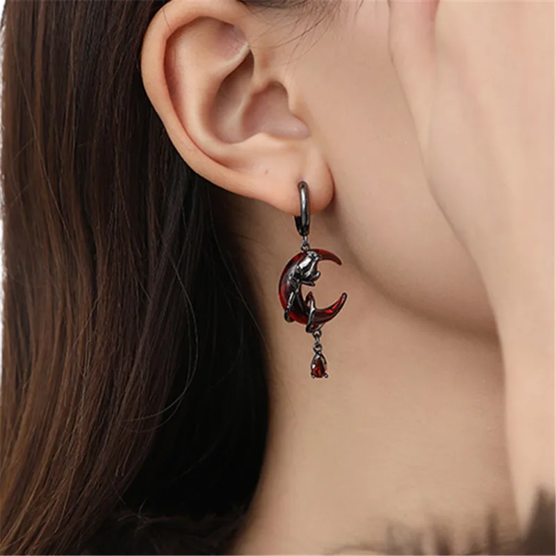 XIALUOKE Asymmetry Red Moon Rose Earrings Women European American Style Personality Crystal Drop Pendant Earrings Jewelry dangle earrings drop earrings pendant earrings crystal earrings