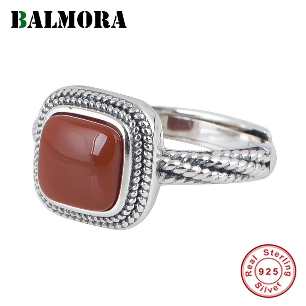 

BALMORA S925 Sterling Silver Vintage Square Red Agate Ring For Women Mother Retro Adjustable Anillos Birthday Jewelry Gift