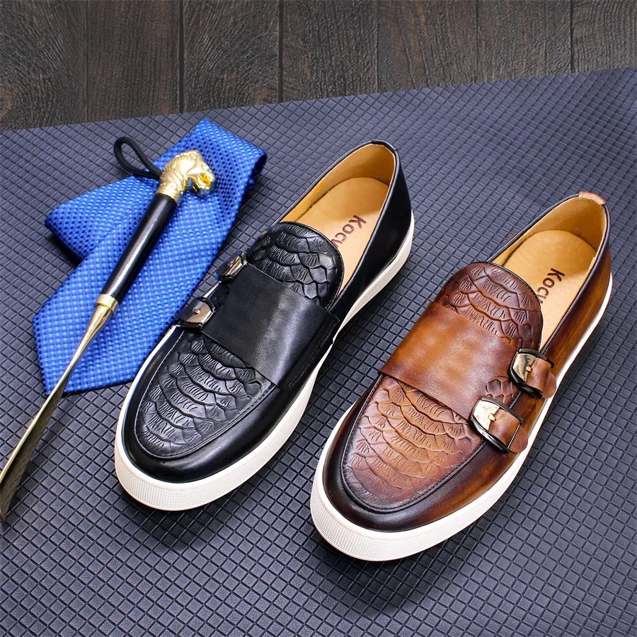 

Handmade Man Casual Loafers Leather Luxury Brand Designer Double Monk Strap Shoes for Men Brown Sneakers Vintage Fashion Flats