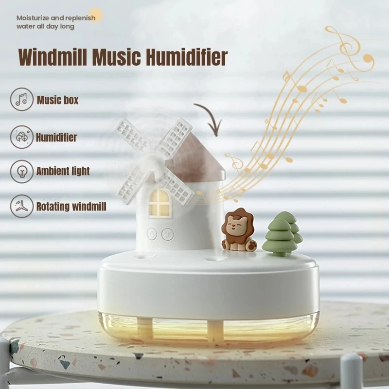 

650ml Windmill Castle Double Spray Nozzle Wireless Air Humidifier LED Light Music Box USB Portable Aroma Essential Oil Diffuser