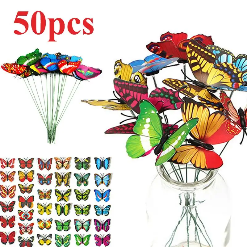 

50pcs/Bunch Butterflies Garden Yard Planter Colorful Whimsical Butterfly Stakes Decoracion Outdoor Decor Gardening Decoration