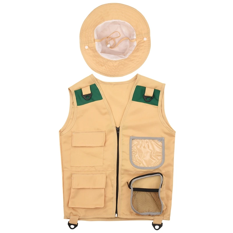 ABUM-Outdoor Adventure Kit,Young Kid's Khaki Cargo Vest And Hat Comfortable And Durable Explorer Costume Role Play Toy