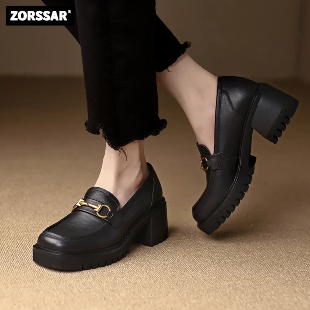 

2024 New Women Pumps Summer Fashion Metal Buckle Retro Chunky heel Slip On High Heels Natural Cow leather Career shoes Womens