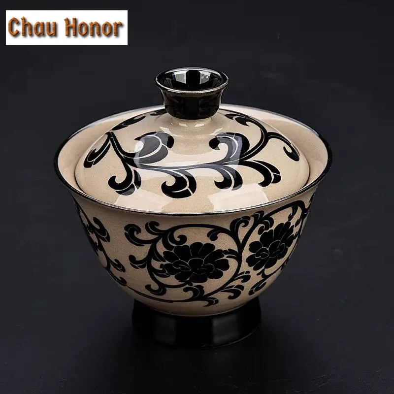 120ml Cizhou Porcelain Kiln Gaiwan  Antique Kung Fu Respecting Big Ceramic Three Talents Bowl Soaking Tea Pot Tea Brewing Kettle