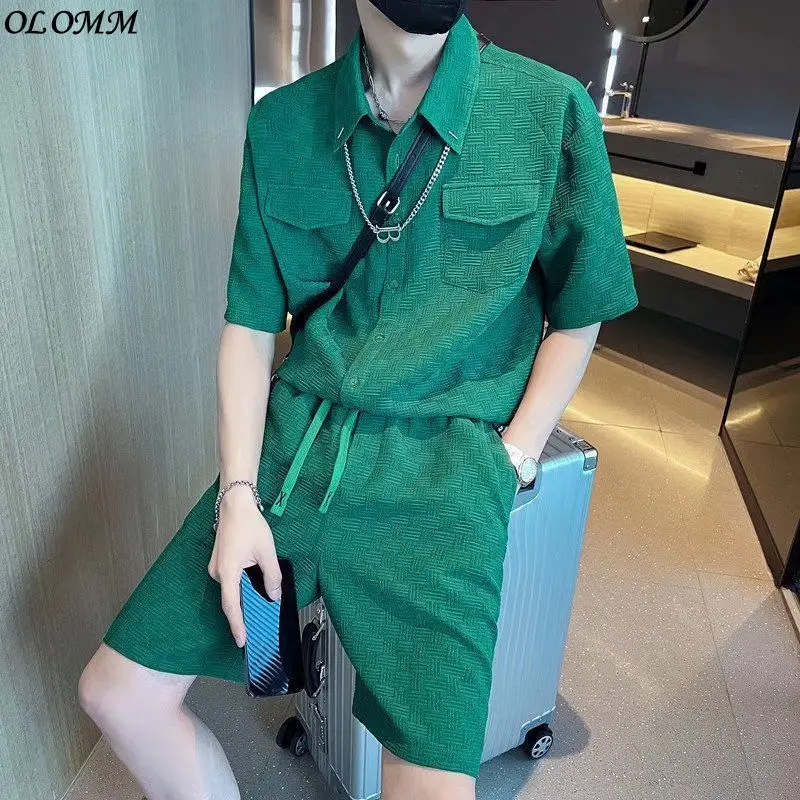 

Summer green short sleeved shirt set men's fashion casual shirt new brand ruffian handsome two-piece set baseball jersey Korean