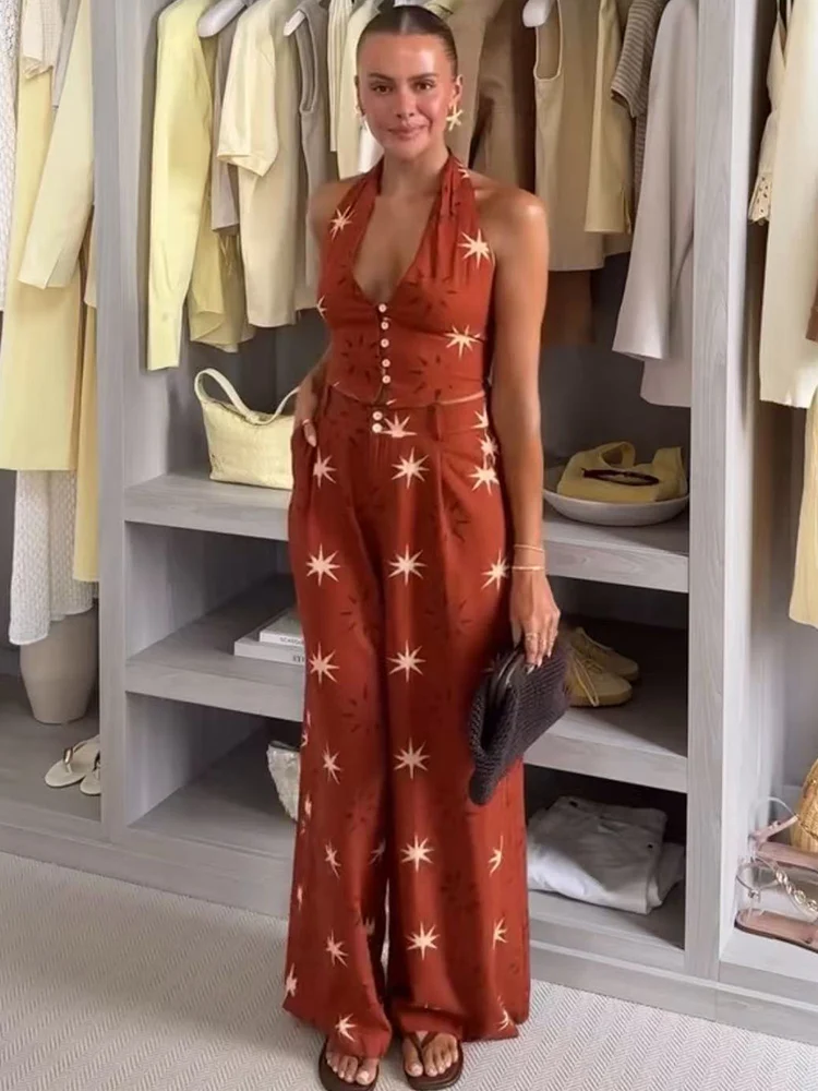 TFMLN Women Print Straight Long Pants Sets Chic Back Design Sexy Backless Halter Short Top High Waist Casual Wide Leg Pants