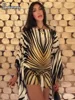 Robe Tunique Chic Rayée Style Kimono Col Bateau Manches Kimono Imprimé Chevron Ceinture à Nouer Robes Élégantes pour Femme Vestido