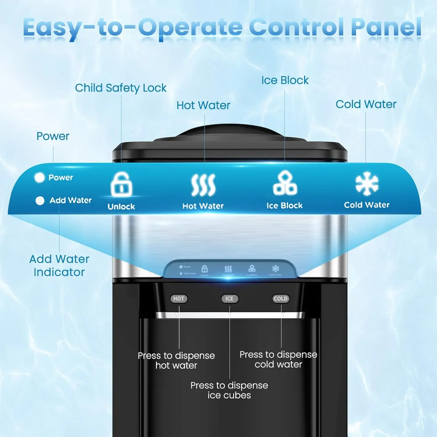Water Cooler Dispenser with Ice Maker, 3 in 1 Top-Loading Hot & Cold Water Dispenser 5 Gallon, 48 LBS Daily-Ice, Portable Ice Cu 5