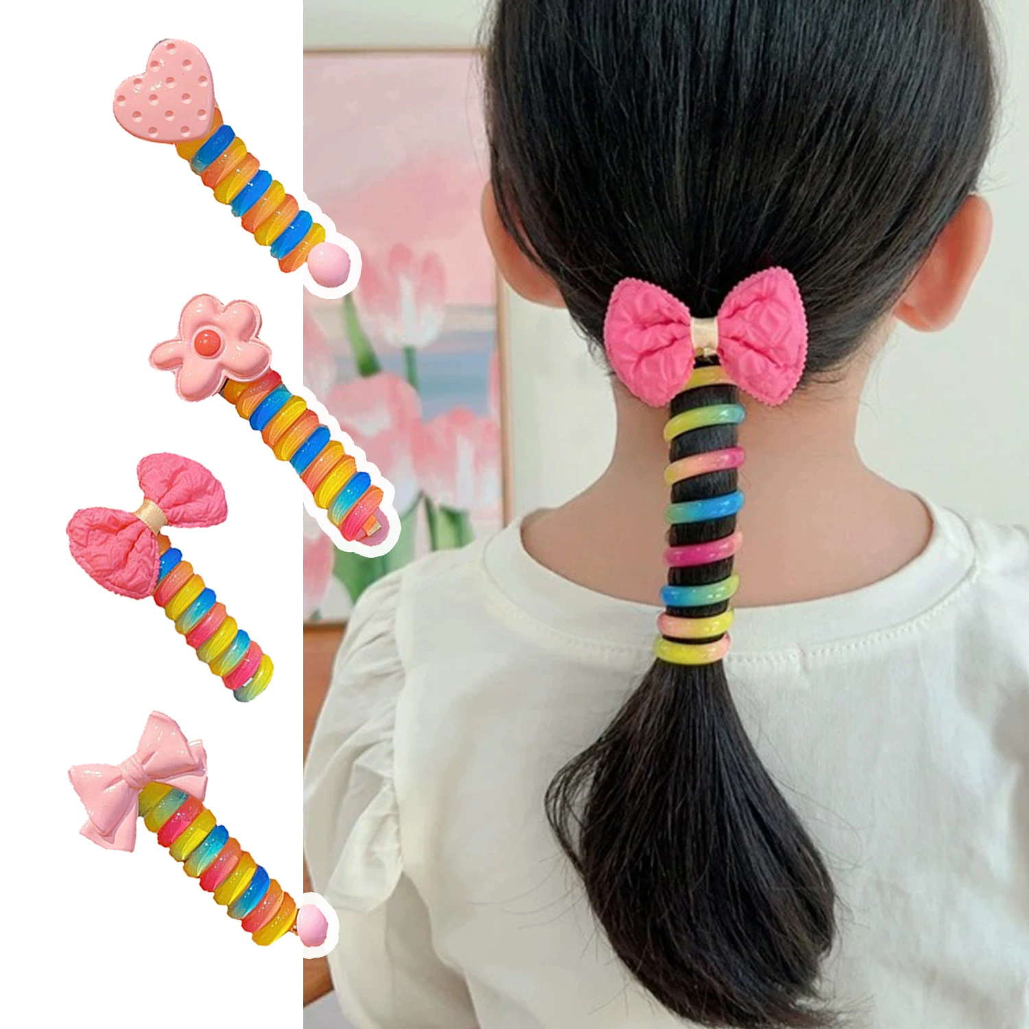 Rainbow Flower Bow Hair Scrunchies Sweet Fashion Love Telephone Line Hair Bands Ponytail Holders Hair Accessories For Girls