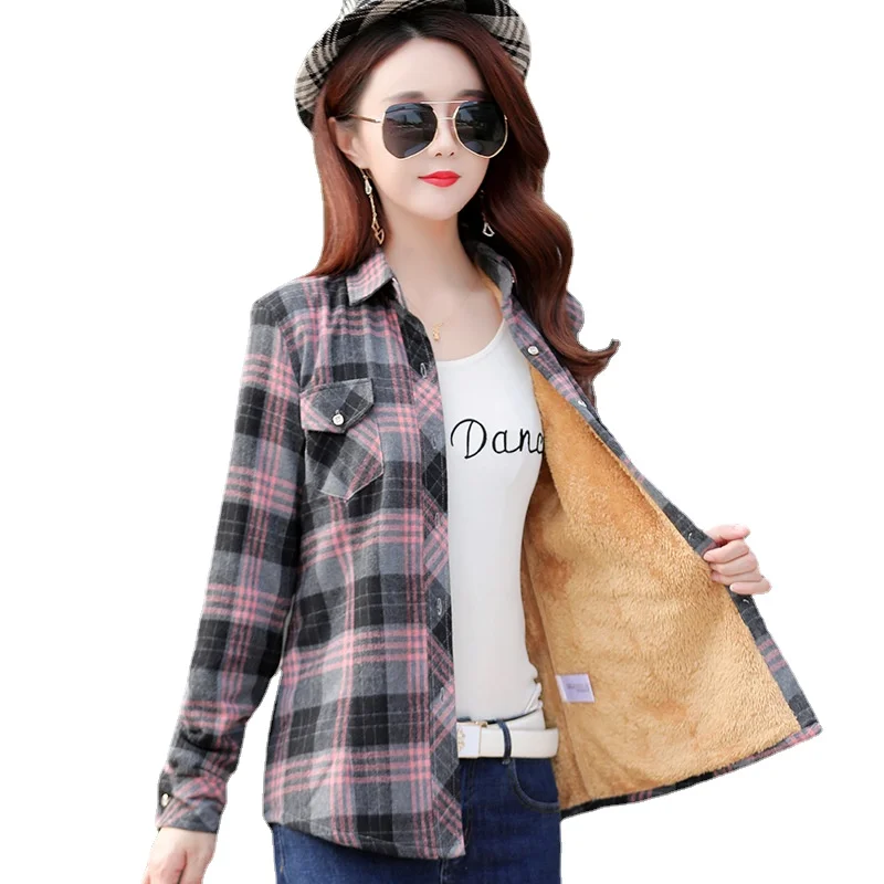 Women Warm Cotton Plaid Blouses Fashion Long Sleeve Turn-down Collar Pockets Velvet Shirts Oversized Fleece Tops Retro Blouse