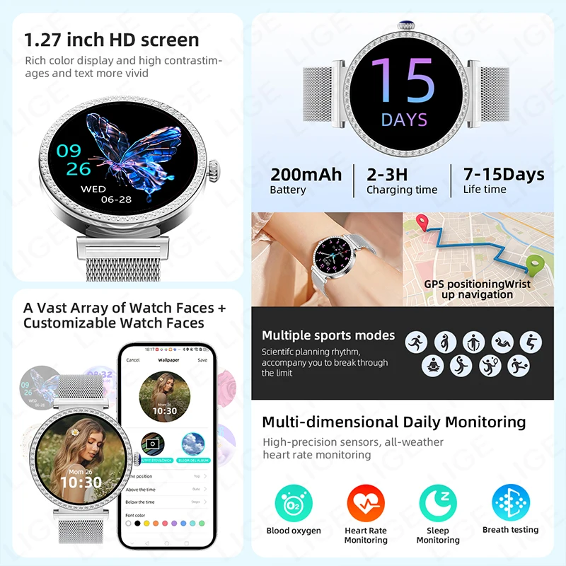 LIGE GPS Ultra-thin Smart Watch Ladies Bluetooth Call Custom Dial Sports Heart Rate Health Tracking Waterproof Women Smartwatch