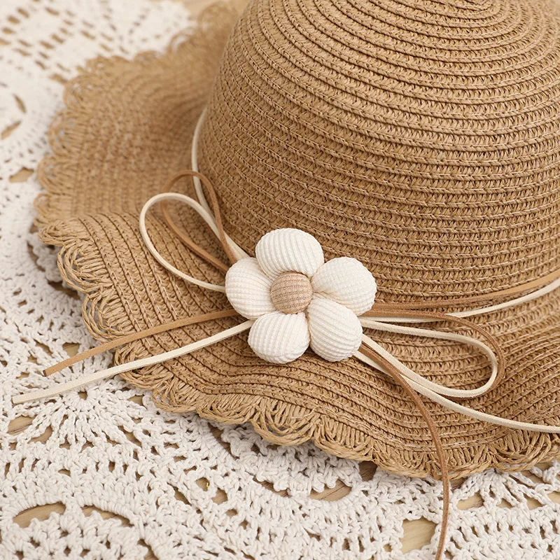 Baby Girl Straw Hat 2PCS Summer Cute Solid Color Lace Ruffle Kids Fisherman Outdoor Beach Caps Sunshade Wide brim Bucket Hats straw hat,baby sun hat,outdoor sun hat