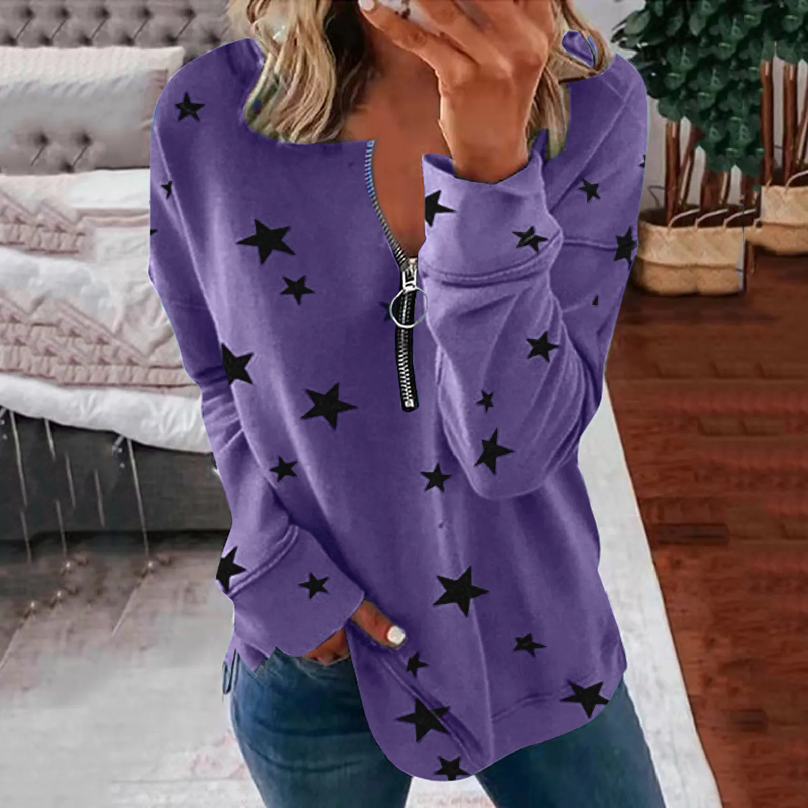 

Autumn New Women's Sweatshirt 2023 Fashion Stars Printed Half Zipped Pullover Tops Casual Versatile Long Sleeve Sweatshirt