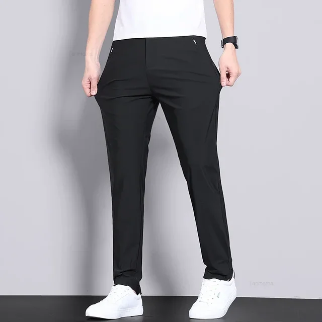 Pantalon décontracté élastique Ultra-fin pour hommes, séchage rapide, soie glacée, Slim, droit, Business, couleur unie, noir, gris, été 5