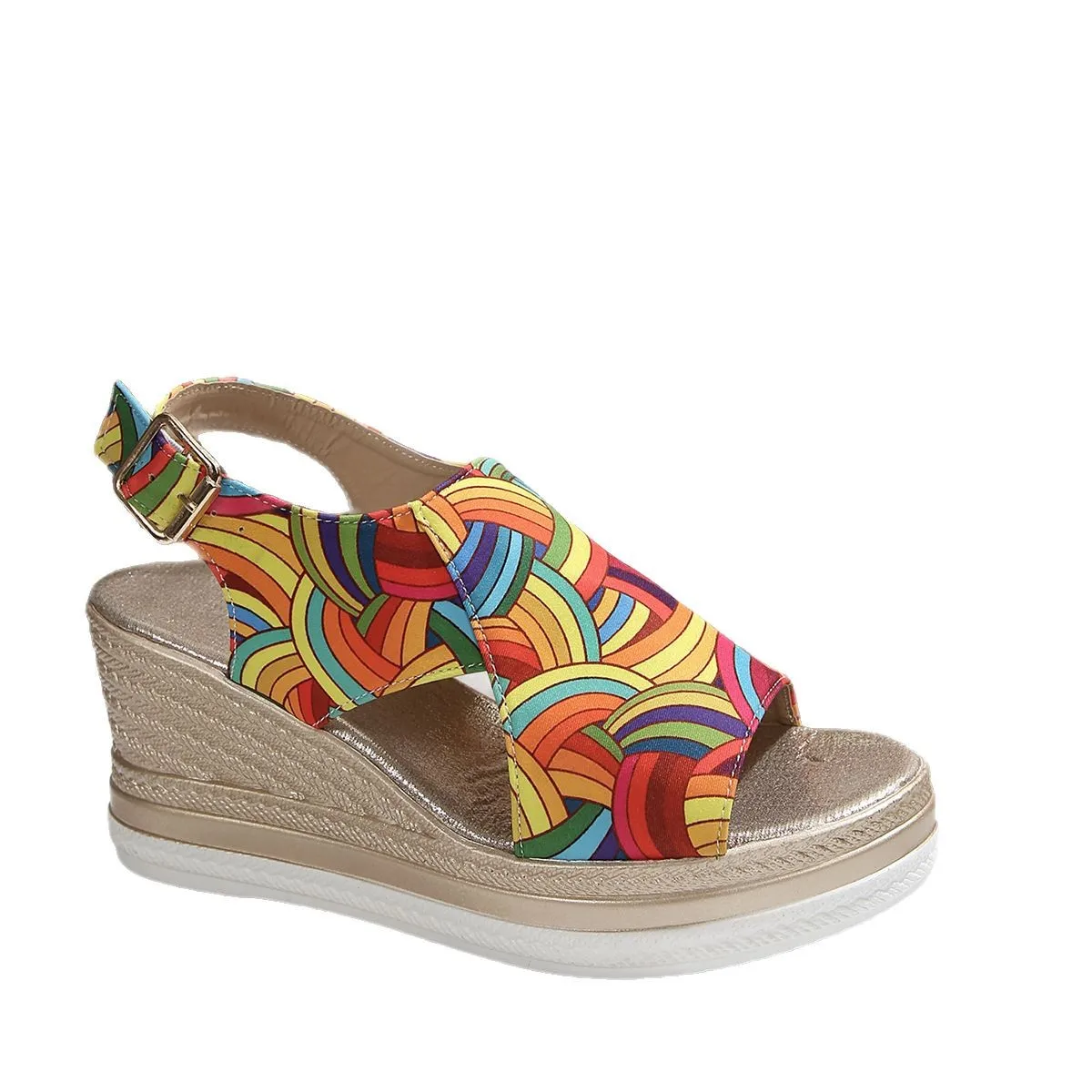 Rainbow Graffiti Wedge Heels Sandals for Women Summer 2025 Peep Toe Platform Sandals Woman Buckle Strap Thick Bottom Beach Shoes