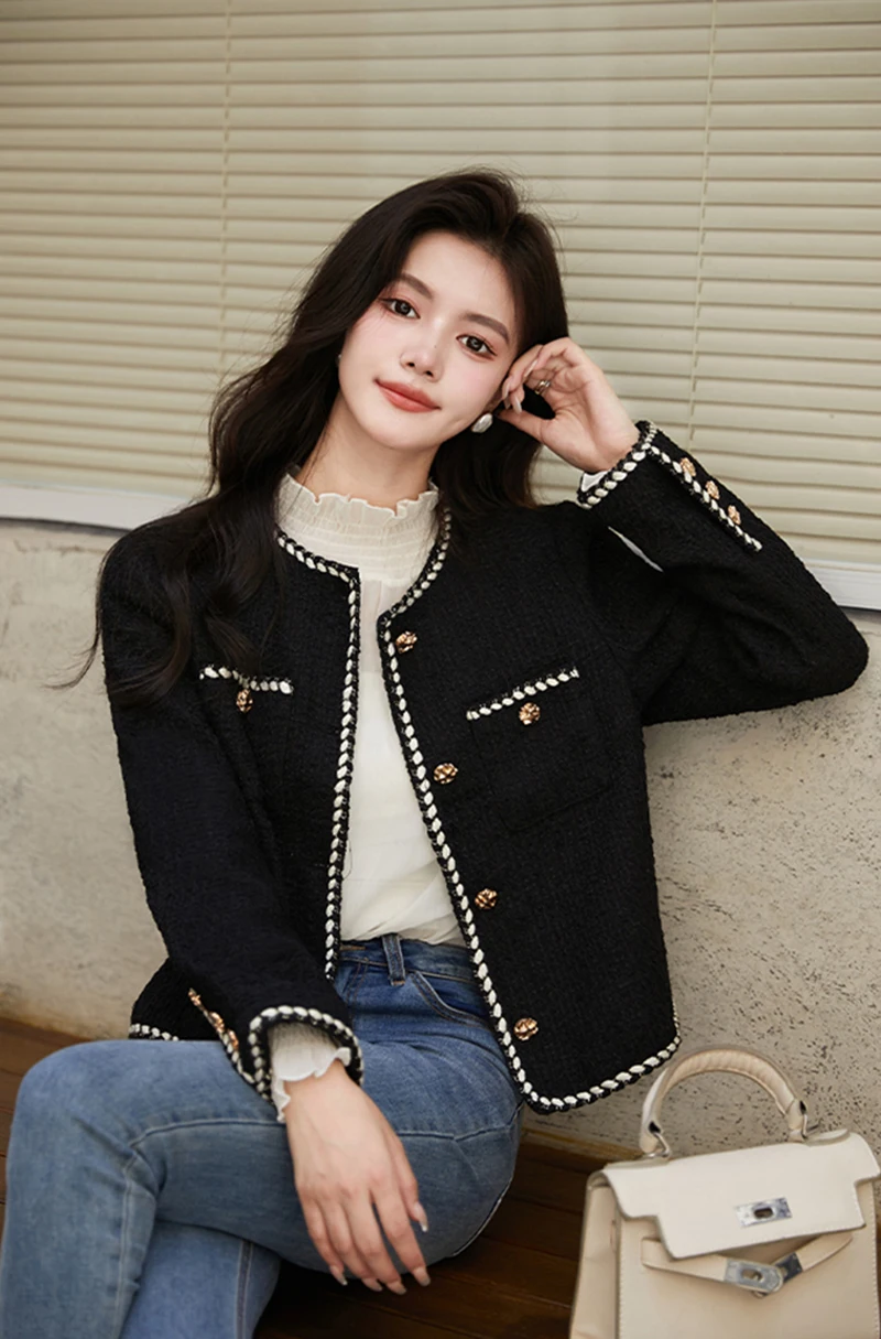Vintage Cropped Tweed Jacket Women Black Quilted Coat Elegant Blazer Winter Ladies Single Breasted Thicken Outerwear Tops