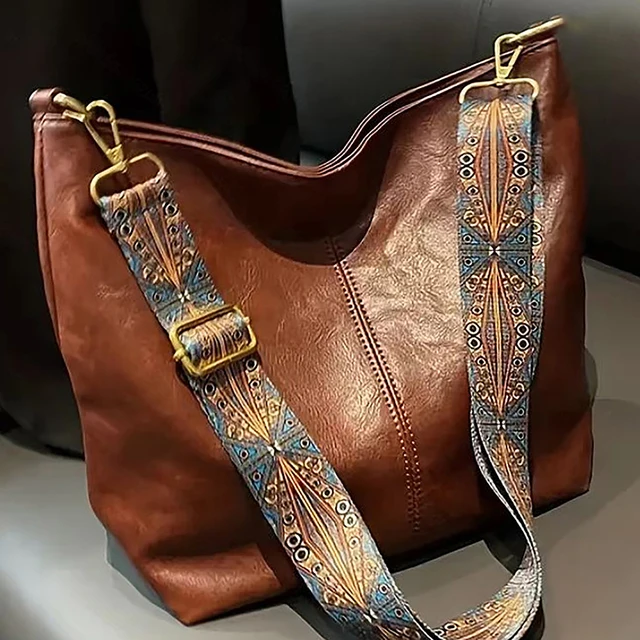 Wide Geometric Strap Shoulder Bag Large Capacity Crossbody Bags For Women,Retro Pu Leather Women’s Bag For Shopping Travel 1