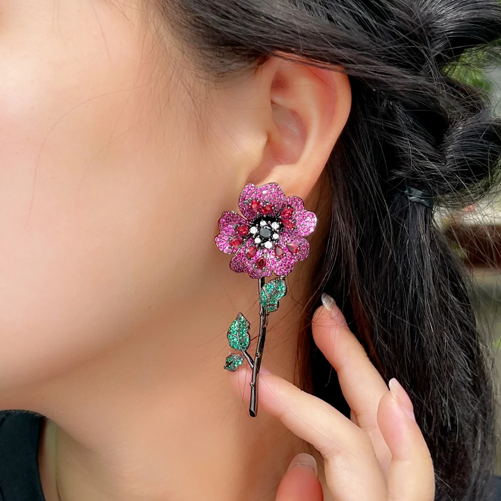ThreeGraces Delicate Red Green CZ Zircon Removable Design Long Flower Leaf Dangle Earrings for Women Wedding Party Jewelry E1460