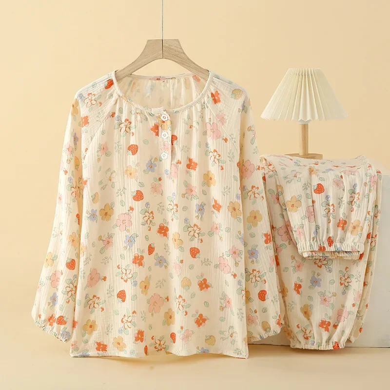 

Новинка 2023, весенне-осенний женский пижамный комплект, пуловер из 100% хлопка и креп, брюки с длинным рукавом, комплект из двух предметов, Свободная Домашняя одежда с цветочным рисунком