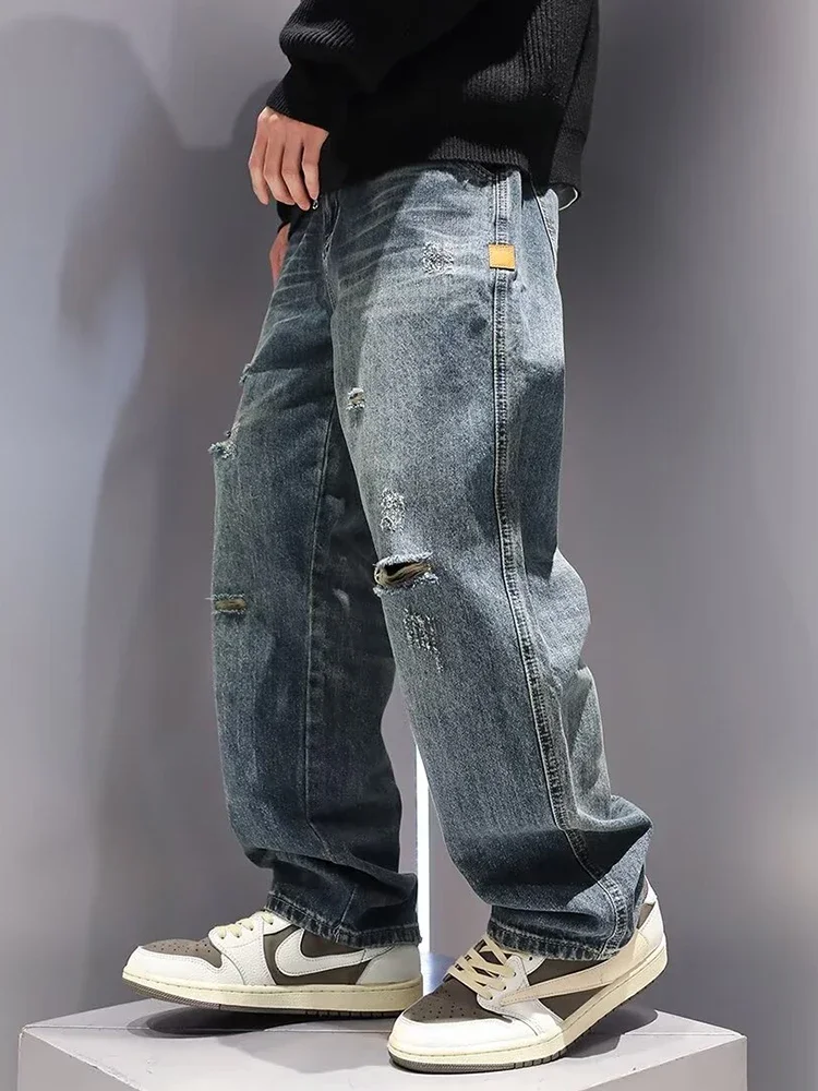 Men's Baggy Ripped Jeans Fashion Hip Hop Hole Streetwear Distressed Washed Trousers Straight Loose American Denim Pants For ripped jeans ripped patchwork jeans