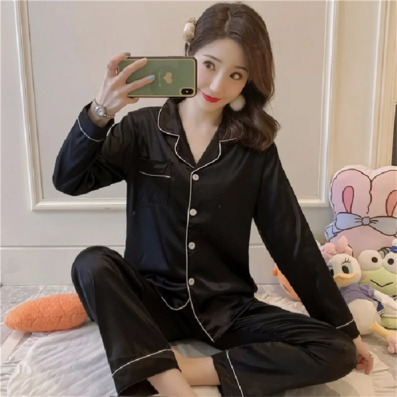 Spring Autumn Women's Thin Ice Silk Pajamas Solid Color Lapel Long Sleeve Cardigan Oversized Imitation Silk Home Clothing Set