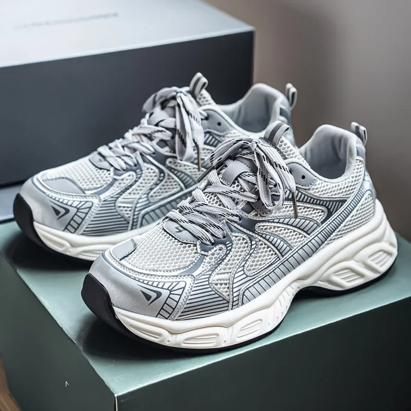 Men's Breathable Running Shoes Summer New Style Mesh Upper Thick Bottom Heightening Sports Casual Dad Trendy Sneakers