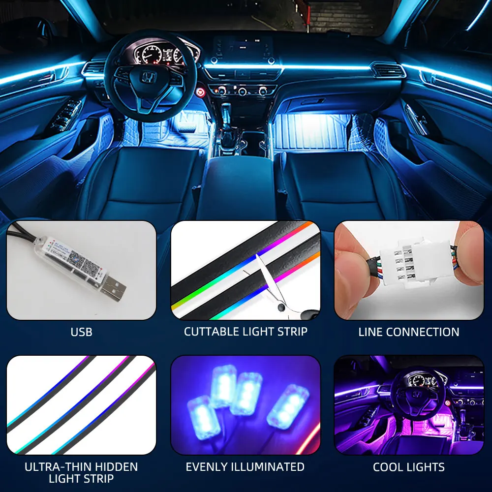 รูปสินค้า ไฟ LED ตกแต่งรถยนต์ ควบคุมผ่านแอพพลิเคชั่นและรีโมท USB