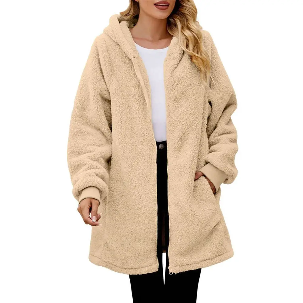 

Winter Sherpa Fleece Coat Popular Hooded Zipper Cardigan Fluffy Mid-Long Robe Women Puffy Hoodies