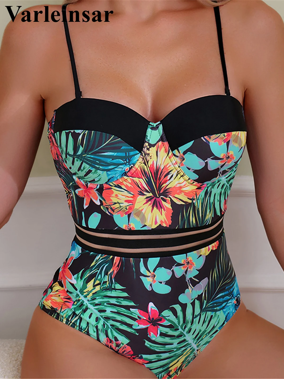 One Piece Swimsuit Women Swimsuit S-XL Leaves Printed Underwired With Bra Cup Women Swimwear One Piece Swimsuit Female Monokini Bather Bathing Suit Swim V5466