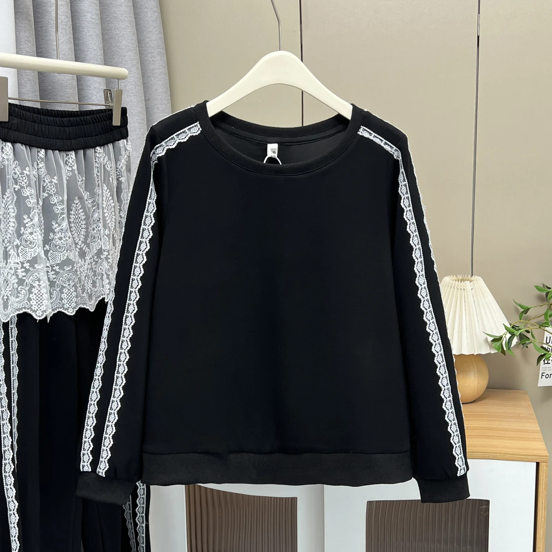 XXXXL Fashion Plus Size Women's Sets 2025 Autumn New Casual Lace Patchwork Hoodie And Straight Leg Long Pants Two Pieces Set