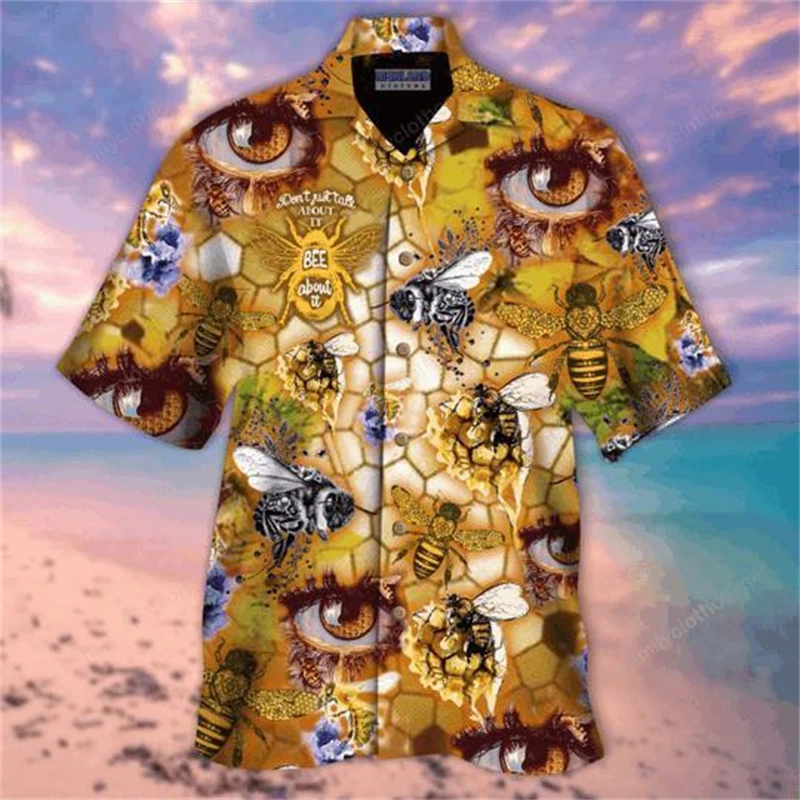 thumbnail image 1 of Camisas casuales de manga corta con botones y solapa con estampado 3D de abejas para hombre, ropa para hombre, camisa hawaiana de verano, ropa de calle para hombre, 1 of 5