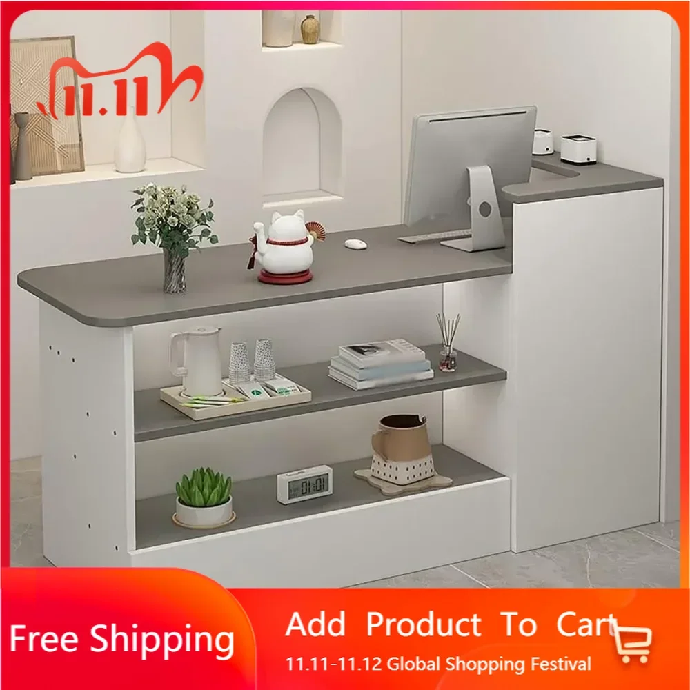 Reception Counter Desk, Modern Retail Counter, Front Desk Reception Room Table, Retail Counter with Display Shelf & Drawers