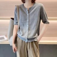 Outlet Ice Silk ort Sve Knitted Sweater Women Thin round Ne Open Cardigan Top Sli Summer Commute Slim Fit Polyester